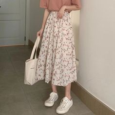 Lasaky - Floral Print Midi Skirt in Long Fairy Design Mode Ulzzang, Long Skirt Casual, Korean Skirt, Skirt Streetwear, Long Skirt Summer, Skirts Summer, Floral Print Midi Skirt, Pleated Long Skirt, Trendy Skirts