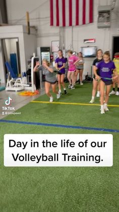 a group of people in a gym with the words day in the life of our volleyball training