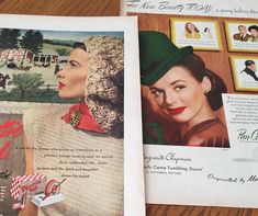 Two Beautiful Mid Century Cosmetic Ads (for Pan-Cake make-Up and Lipstick with a red and green theme) to Frame, Original 1946 Ads (not copies) Perfect 1940's decor for Bathroom, surrounding Make Up Mirror, Beauty Salon, etc. Set of 2 (two) 13"x11" Ads from Life Magazine, all 1946, peek at mid century make up and hair and glamour!  Great buy to frame for a gift, for your shop or for your home. These colorful ads were removed from a library discarded Life magazine in-order to recycle pages, my husband saved what he could from a landfill.  The ads in the 30's and 40's were often stellar and this definitely shows creativity.  Lovely cheerful child like look, great mid century color pop of TURQUOISE! We will mail well padded first class USPS, FREE of charge within the U.S., so you will have it Mirror Beauty Salon, Colorful Ads, 1940s Magazine, 1940s Makeup Packaging, Vanity Fair Covers Vintage, Vintage Vanity Fair Covers, 1940s Decor, 1930s Magazine, 1940s Magazine Covers