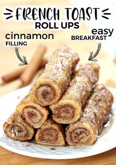 cinnamon roll ups are stacked on a plate