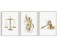 three art prints with gold and white artwork on them, each featuring an image of a lady justice