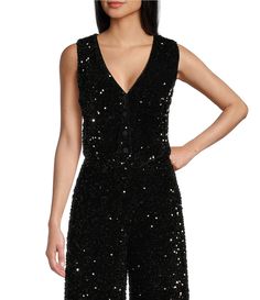 From GB&#x2C; this top features:SequinV-neckSleevelessFull button-front closurePolyester/spandexPolyester liningHPSL to hem PT 20"Machine wash/dry flatImported. Luxury V-neck Sequin Top, Luxury Sequin V-neck Tops, Fitted Black Sequin Tank Top, Fitted Sequin V-neck Camisole, Sequin Vest, Black Embellished Sequin Fabric, Glamorous Style, Bandeau Top, Dillard's, Sequin