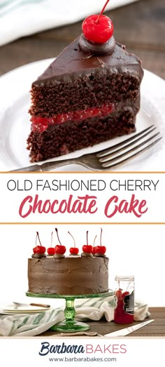 an old fashioned cherry chocolate cake with cherries on top and the title overlay reads old fashion cherry chocolate cake