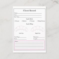 Eyelash Extension Client Record Form Business Card Size: Mighty, 3.5" x 2.5". Color: Standard Matte. Gender: unisex. Age Group: adult. Client Record Form, Lash Client Record, Client Record Card, Record Card, Lash Room Ideas, Eyelash Studio, Eyelash Extensions Salons, Eyelash Extension Training, Esthetics Room