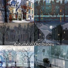 four different scenes of the same city at night, in old disney land and on autumn in disneyland