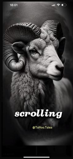 a black and white photo of a ram with the words scrolling on it's side