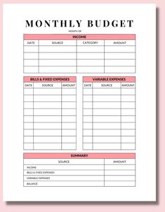 a printable budget sheet with the words,'money budget'in pink and black