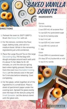 the recipe for baked vanilla donuts is shown in an advertisement with information about how to bake them