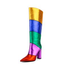 Shop Rainbow Colors Metallic Pointed Toe Chunky Heel Knee High Booties color Multicolor for Dancing Club, Music Festival, Night Club, Party with worldwide Free shipping & Free return. Rainbow Heels, Dancing Club, Pride Colors, Club Music, Exotic Women, Super High Heels, Drag Queens, Rubber Shoes, Spring Women