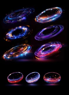 glowing circles are shown in the dark with different lighting effects on them and one is lit up