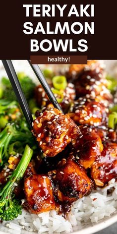 teriyaki salmon bowls with rice and broccoli on the side in a white bowl