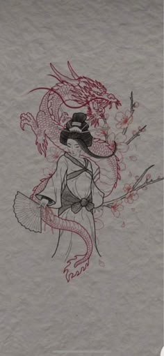 a drawing of a woman with a dragon on her back