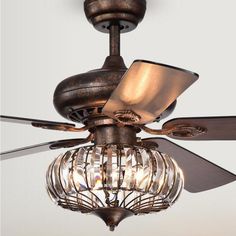 a ceiling fan with two lights and a caged glass ball on the blade blades