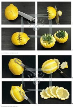 there are pictures of lemons being cut into pieces