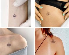 four different pictures of the same woman's stomach with tattoos on their side and behind her