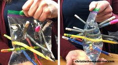 two pictures of someone holding a bag full of pencils and toothbrushes in it