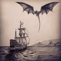 a drawing of a bat flying over a ship in the ocean with another boat nearby