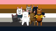 an animated group of cats and dogs standing next to each other in front of a striped background