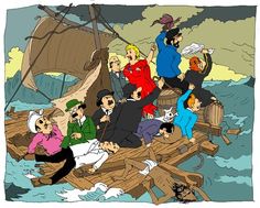 an animated image of people on a boat in the ocean with one man holding a cat