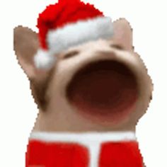 an animated pig wearing a santa hat and red pants with his mouth open in front of the camera