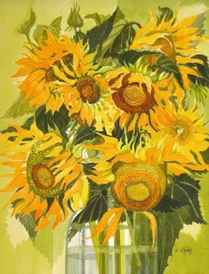 a painting of sunflowers in a glass vase