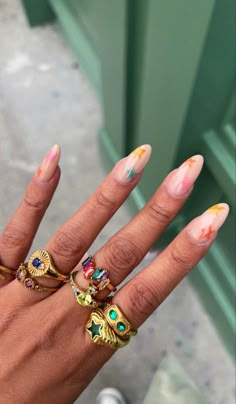 Eclectic Gold Jewelry, Gold Colorful Jewelry, Summer Rings Aesthetic, Natashahmedx Outfits, Hands Rings Aesthetic, Maxamilist Jewelry, Maximalist Jewelry Aesthetic, Stacked Jewelry Rings, Funky Fits