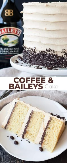 coffee and bailey's cake on a white plate with two slices cut off the cake