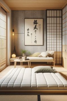 A serene Japanese-style bedroom with tatami flooring, shoji doors, and minimalist decor. Japanese Futon Bed Bedroom, Asian Futon Mattress, Tatami Room Sofa, Japanese Pod Bed, Zen Room Bed, Japandi Small Sofa Bed Room, Japanese Floor Table Living Rooms With Heating, Japanese Futon Kids Room, Japanese Bedroom Accessories