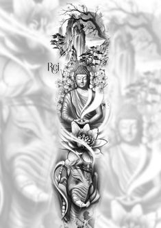 an artistic tattoo design with buddha and flowers