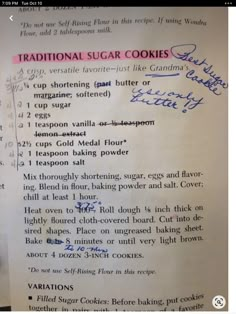 the recipe for traditional sugar cookies is posted on a piece of paper with handwritten instructions