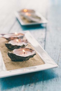 three seashells with candles in them on a plate