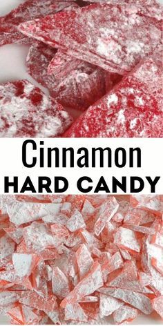 the words cinnamon hard candy are in front of a pile of red sugar cubes