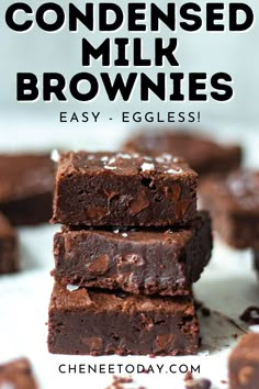 chocolate brownies stacked on top of each other with text overlay that reads, how to make condenseed milk brownies easy - eggless