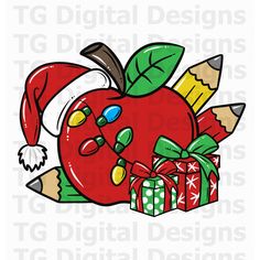 an apple with some pencils in it and a santa hat on top of it