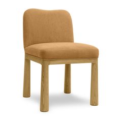 a wooden chair with an orange upholstered seat and back rest on a white background