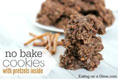 no bake cookies with pretzels inside are stacked on top of each other