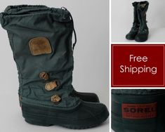 "**Enjoy FREE SHIPPING in the USA. Most domestically-shipped items arrive in just 2-3 business days.** --- Can't beat a pair of Sorels. They need some laces (not included). Made in Canada. Size by measurement: Women's USA 5. Sorel's can run a half size big sometimes, but usually you can make up for that with a thinner or thicker sock. Condition of this particular item: These are good boots. Some spots/marks, etc. They also need some black laces, so we've dropped the price slightly to factor that Sorel Boots Womens, Winter Schnee, Green Retro, Sorel Boots, Thick Socks, Sorel Womens, Retro 90s, Cool Boots, Black Laces