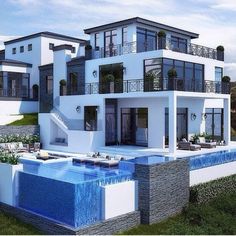 this is an artist's rendering of a modern house with pool in the front yard