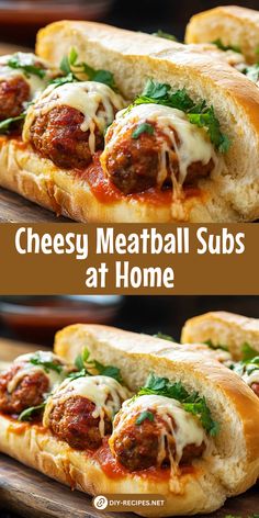 meatball subs with cheese and parsley on top