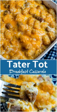 tater tot breakfast casserole on a plate with a fork in it