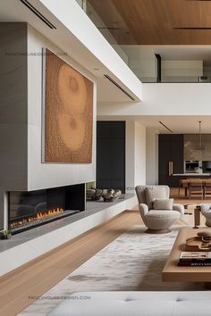 a living room filled with furniture and a fire place in the middle of a room