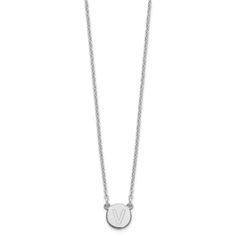 Rhodium over sterling silver polished 18-inch cable chain necklace with tiny circle block letter "V" pendant. Pendant measures approximately 5/16"L x 5/16"W and chain secures with a lobster claw clasp. V Pendant Necklace, Silver Initials Necklace Round Shape, V Necklace Letter, Silver Hallmark Initial Pendant Jewelry, V Letter Gold Pendant, Letter V, Block Lettering, Cable Chain, Initial Necklace