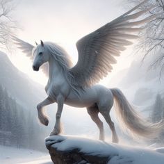 a white horse with large wings standing on top of a snow covered hill next to trees