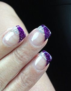 Purple French Manicure, Purple And Silver Nails, Solar Nails, Purple Glitter Nails, Silver Nail Designs, Purple Nail Designs, Pink Gel, Her Nails, Purple And Silver