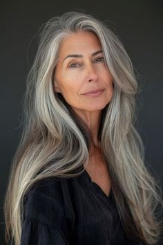 This hairstyle for women over 60 features long, sleek hair with a silky gray ombre finish, blending natural gray with refined styling for a distinguished look that radiates class. Silver Hairstyles, Hair Base, Women Haircuts Long, Hairstyle For Women, Gray Ombre, Sleek Hair, Hot Boots, Grey Ombre