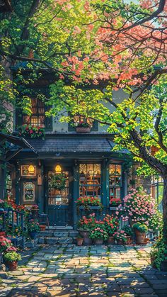 a painting of a house with flowers in the front yard