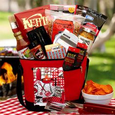 a red picnic bag filled with food and condiments