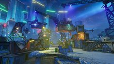 a futuristic city at night with lots of neon lights and large industrial structures in the foreground