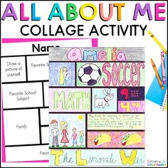 an all about me collage activity with pictures and words on it, including soccer