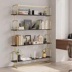 a room with a desk and shelves filled with books